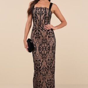 Lulus Classy Flirtation Black And Beige Lace Bustier Maxi Dress - Size L